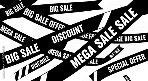 Black and White Sale Ribbon Pattern Background with Discount and Special Offer Typography