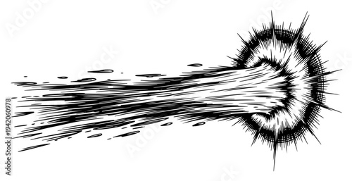 Detailed hand drawn illustration of a powerful energy blast or speeding comet impact