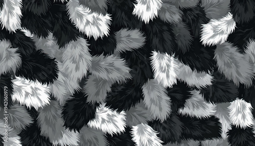 Seamless black, gray, and white fur texture pattern. Stylish animal fur background ideal for textile design, fashion prints, upholstery, wallpaper, wrapping paper, and EPS vector surface pattern.