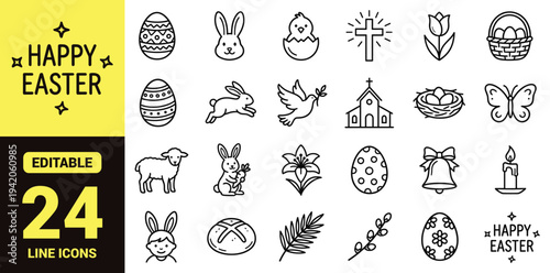 Easter and spring holiday icon set with eggs, bunnies, flowers, religious symbols, seasonal decor, celebration elements, and essential Easter ranking graphics in clean modern line‑art style