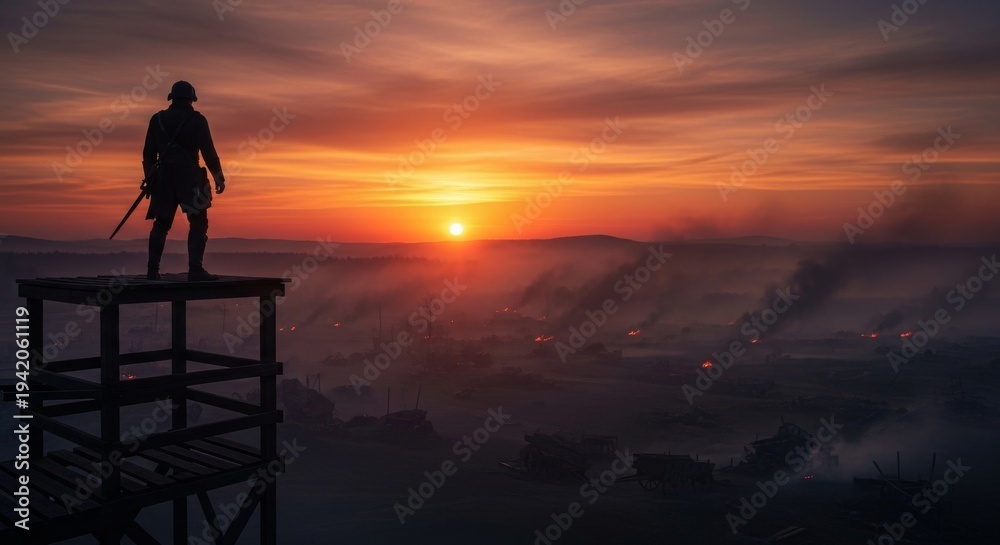 Fototapeta premium Silhouette of Watchtower During Fiery Sunrise Over Misty Landscape