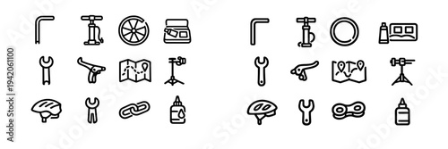 Bicycle repair and maintenance line icon set featuring tools and equipment for cycling service and bike workshop on white background