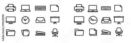 Set of equipment and stationery line icons including computer printer laptop keyboard monitor clock folder stapler and chair