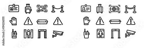 Airport security and travel safety line icon set featuring metal detector surveillance camera and identification badge symbols