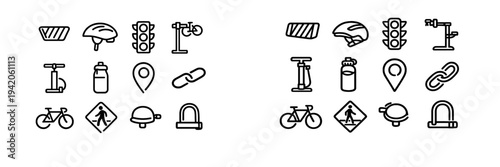 Set of cycling and urban transportation line icons including bicycle helmet traffic light pump water bottle location pin and lock