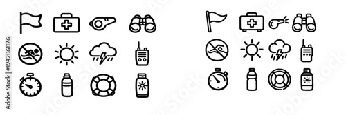 Lifeguard and beach safety equipment line icons set including whistle binoculars lifebuoy first aid kit and sunscreen on white background