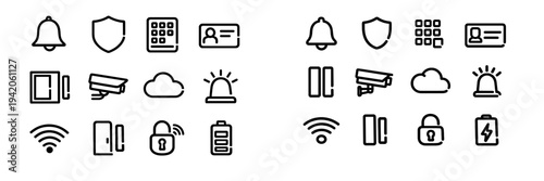 Set of security and smart home system line icons including camera alarm lock and sensor on white background