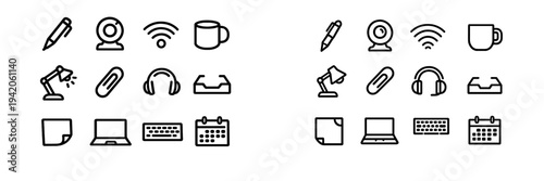 Set of and workspace line icons including laptop keyboard calendar headphones desk lamp and stationery items on white background