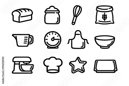 Collection of baking and kitchen equipment line icons including whisk bowl mixer and chef hat on white background