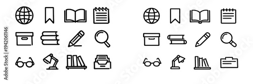 Set of minimalist education and line icons including books globe pencil and desk lamp for library or school themes
