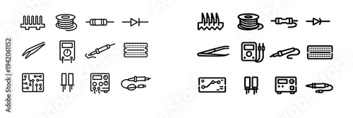 Electronic components and engineering tools icons including soldering iron multimeter resistor diode breadboard and circuit board