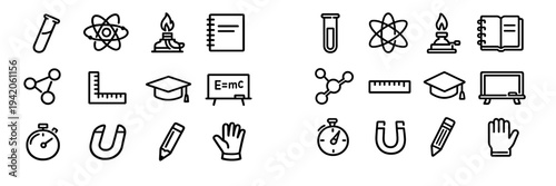 Science and education line icon set featuring laboratory equipment and school supplies on white background