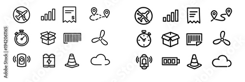Collection of black line icons for logistics shipping travel and technology interface elements on white background