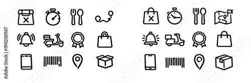 Food delivery and e-commerce line icon set featuring scooter shopping bag stopwatch and location pin symbols on white background