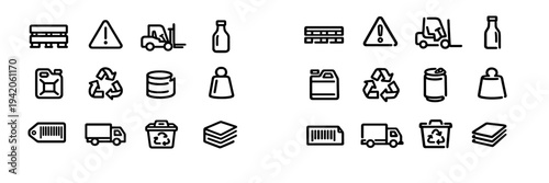 Logistics and recycling line icon set featuring forklift truck pallet barcode and waste management symbols on white background