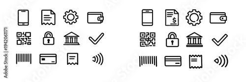 Set of financial and banking line icons including wallet credit card bank building and payment symbols for mobile app interface design