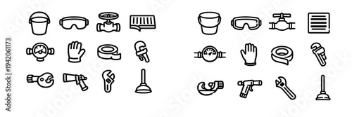 Plumbing and construction tool icon set featuring pipe wrench adjustable spanner water meter plunger and safety equipment on white