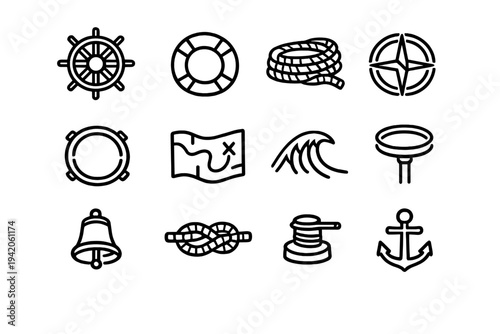 Nautical and maritime line icon set featuring anchor steering wheel compass lifebuoy rope map wave bell and porthole symbols