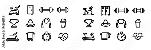 Fitness and gym equipment line icons set featuring treadmill stationary bike barbell dumbbell jump rope stopwatch and shaker bottle