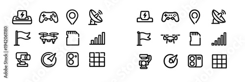 Minimalist line icons for drone technology navigation and remote control equipment including camera gimbal and satellite signal