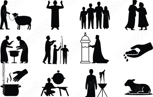 Set of 16 people and animal silhouette icons vector