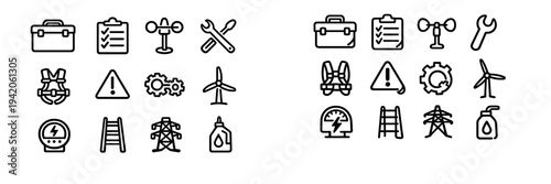 Wind energy maintenance and safety line icons featuring turbine tools and electrical equipment on white background