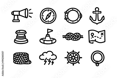 Nautical and maritime line icons set featuring anchor compass ship wheel rope and treasure map on white background