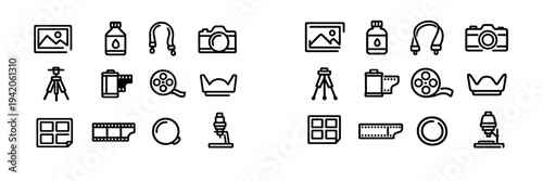 Photography and film production equipment line icons including camera tripod film roll lens and darkroom tools on white background