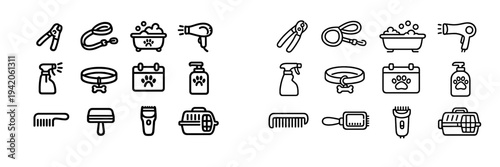 Pet grooming and care icons set including bathtub leash collar comb brush and carrier for dogs and cats on white background
