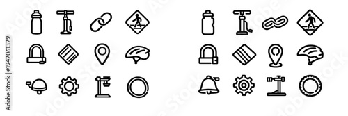 Set of minimalist bicycle equipment and cycling accessory icons including helmet pump lock and gear on white background