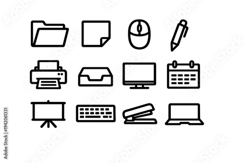 Set of minimalist and business icons including computer laptop printer folder calendar and stationery items on white background