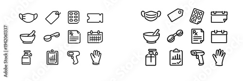 Pharmacy and medical healthcare line icon set featuring face mask prescription mortar and pestle hand sanitizer and thermometer