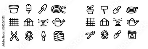 Set of gardening and horticulture line icons including watering can trowel greenhouse and garden hose on white background