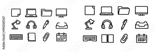 Minimalist and workspace line icons featuring laptop monitor headphones keyboard and stationery items for business design