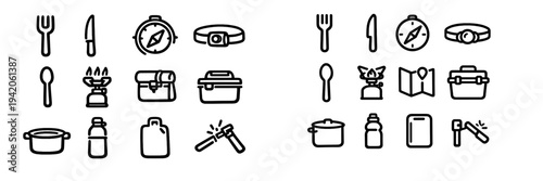 Camping and outdoor equipment line icons set including compass stove map and kitchenware for hiking and trekking adventures