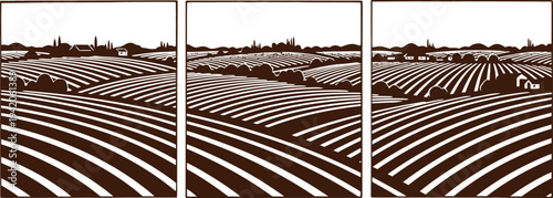 Triptych of a vast agricultural field with rows of crops isolated on transparent background