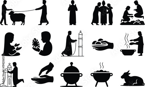 Set of 16 black silhouette icons vector - people, food, cooking, farming, animals