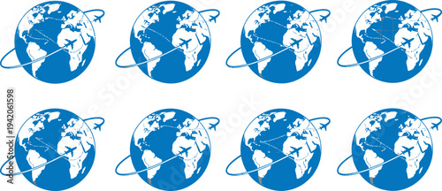 Six blue and white globes isolated on transparent background