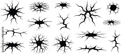 Abstract crack shapes set, black fracture burst elements, broken surface impact marks, shattered texture collection isolated on white background