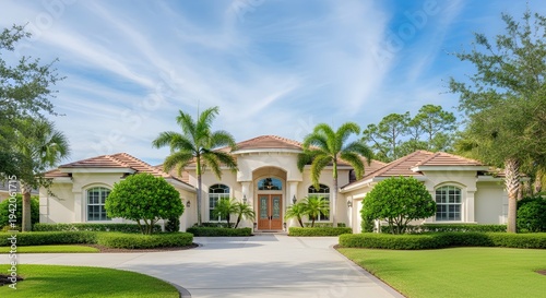 Luxury Mediterranean mansion with palm trees front yard driveway sunny exterior architecture home real estate property