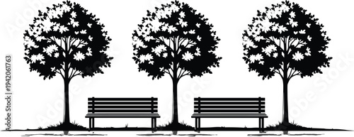 Park bench under trees silhouette landscape set, urban garden outdoor relaxation scenery vector illustration isolated