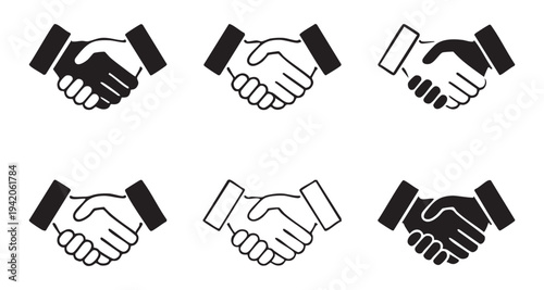 Collection of various handshake icons in black and white styles for diverse business project needs