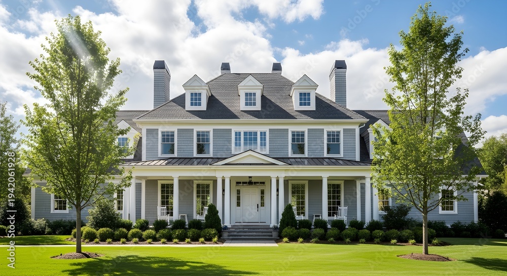 Fototapeta premium Modern luxury white mansion with columns and green lawn under blue sky for real estate success
