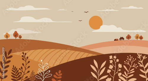 Serene autumn landscape illustration featuring rolling hills and warm seasonal tones under a bright sun.