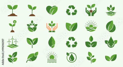Comprehensive set of green ecological and nature icons with leaves, recycle symbol, hands, and sun, isolated white background.