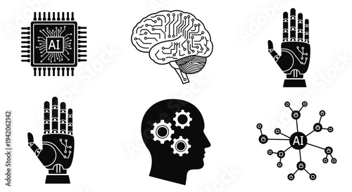 Artificial Intelligence and Human-Technology Interaction Icons Set, in black silhouette, featuring brain, CPU, robot hand, and AI network, on an isolated white background.
