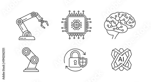 Outline Icons Set for Artificial Intelligence, Robotics, and Cybersecurity, featuring robot arm, CPU, brain, and security lock, on an isolated white background.