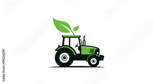 Eco-Friendly Tractor with Green Leaf Icon, representing sustainable agriculture and organic farming practices, on an isolated white background.