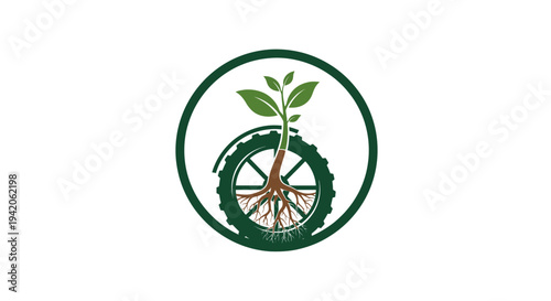 Sustainable Agriculture Concept Icon, featuring a green plant growing from a tire with visible roots, on an isolated white background.