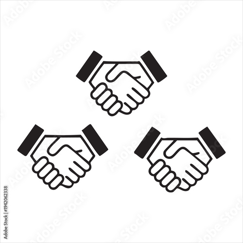 Three business handshakes in a row, symbolizing cooperation, partnerships, and successful deals